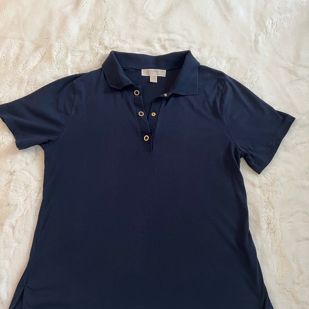 MICHAEL Michael Kors Navy Blue Classic Fit Gold Snap Polo Top Large - Picture 2 of 8